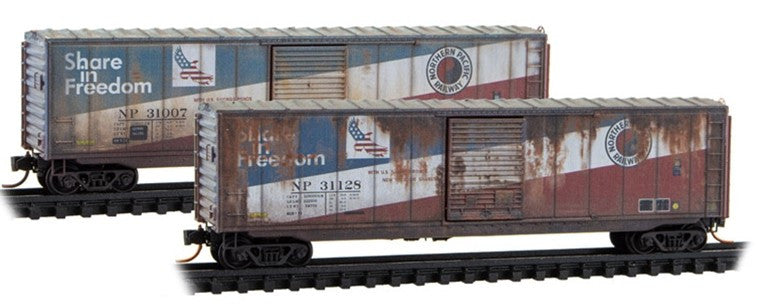 Micro Trains Line N 983105109 50' Single-Door Boxcar No Roofwalk Weathered BN ex-NP 'Share in Freedom' BN 2-Pack