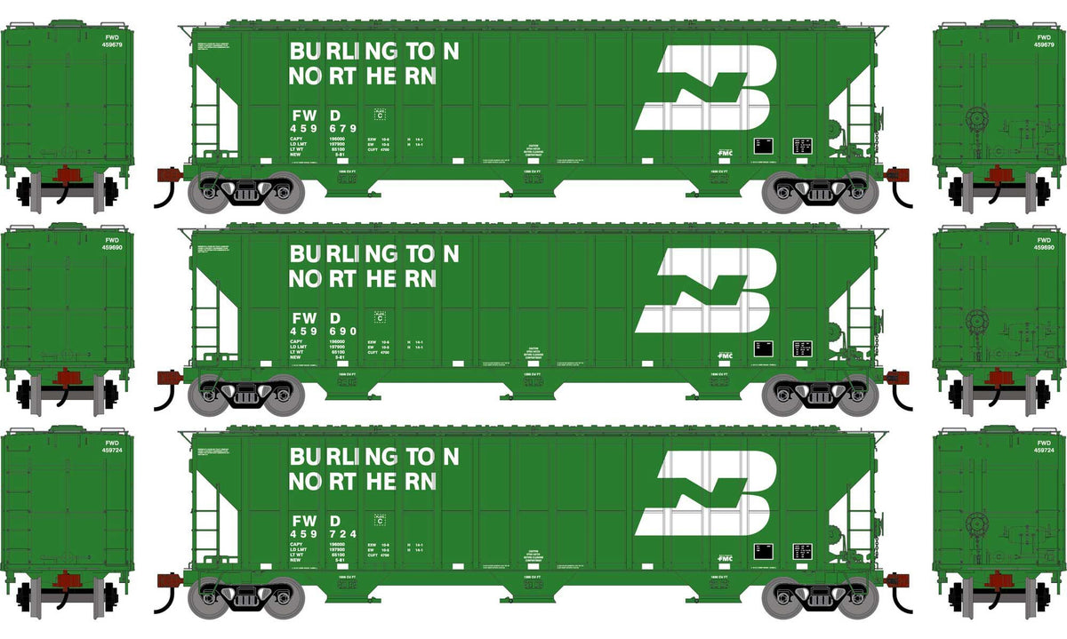 Athearn HO ATH-2481 FMC 4700 Covered Hopper Burlington Northern FWD ##459679/459690/459724 3-Pack