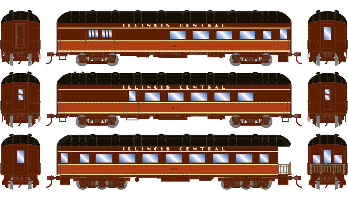 Athearn RTR HO ATH73039 Arch Roof Passenger Cars Illinois Central 3-Pack