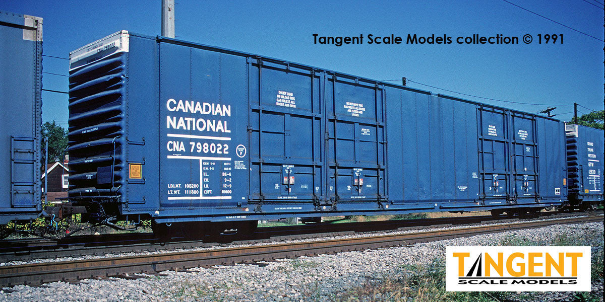 Tangent Scale Models HO 25524-02 Greenville 86′ Quad Plug Door Box Car Canadian National 'Repaint 1991 Blue' CNA #798039