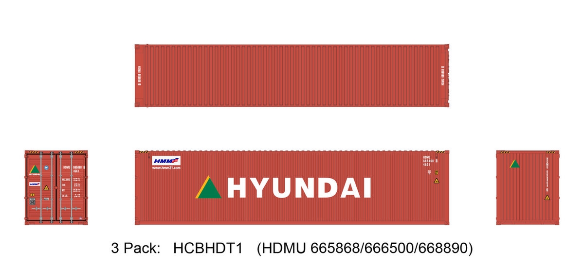 Aurora Miniatures HO HCBHDT1 40′ Hi-Cube Dry Containers Hyundai 3-Pack