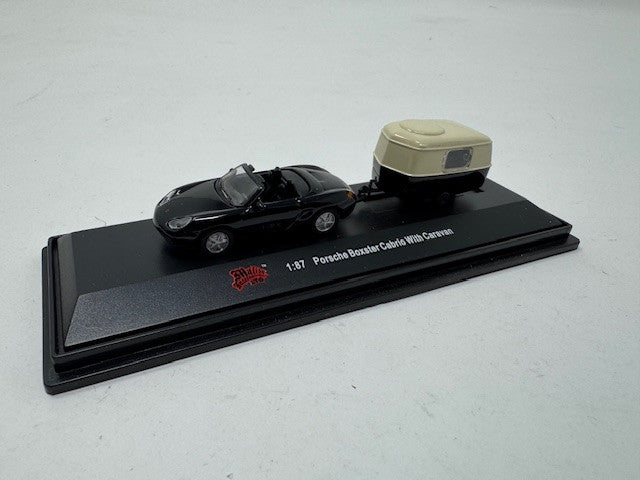 Malibu Internation Ltd HO Porsche Boxster Cabrio with Caravan Trailer - Black
