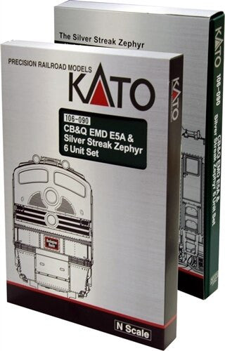 Kato N 106-090-LS-DMW Chicago Burlington and Quincy CB&Q EMD E5A Diesel Locomotive with DCC/ESU LokSound V5 and 5 Lighted Passenger Cars 'Silver Streak Zephyr' - 6-Piece Set