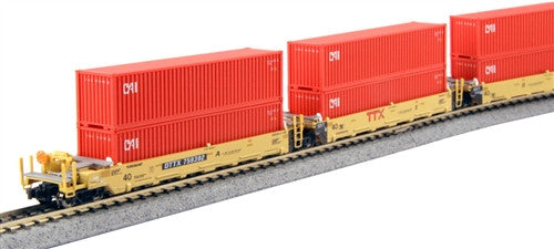 Kato N Scale Gunderson MAXI-l Double Stack Well Cars, TTX "New Logo" - 5-Unit Well Car includes 10 x CAI 40' Containers