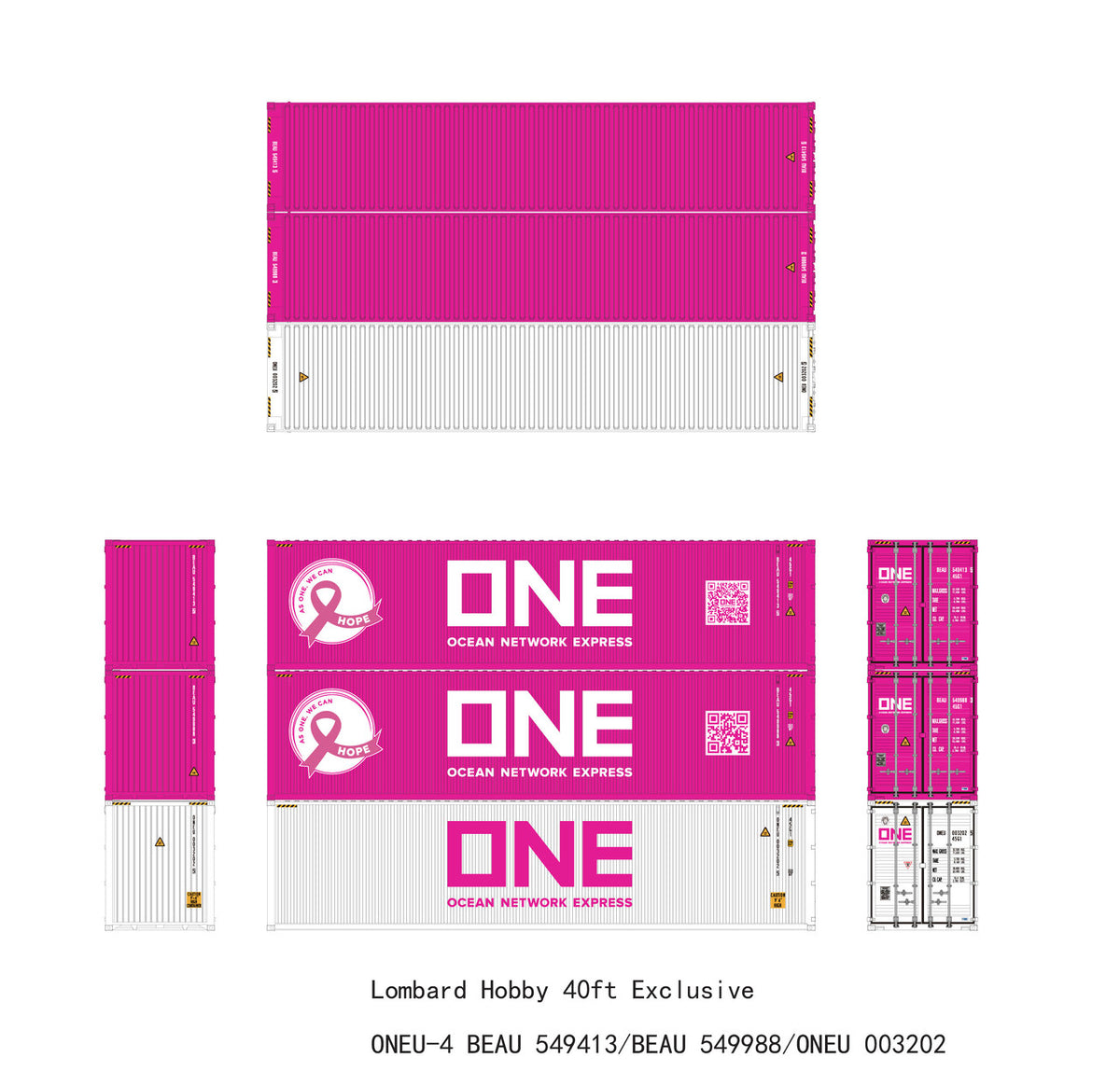Aurora Miniatures HO HCBONT5-LH2 40′ Hi-Cube Dry Containers ONE 'BEAU' Magenta 3-Pack Lombard Hobbies EXCLUSIVE #2