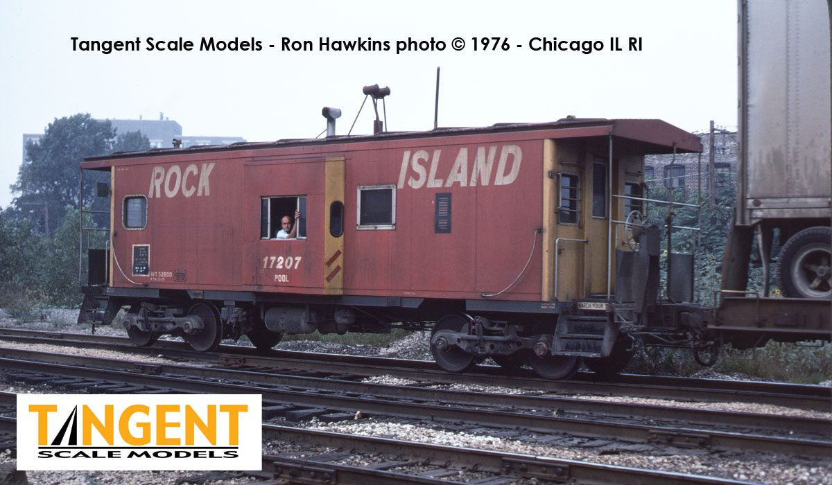 Tangent Scale Models HO 60411-01 ICC Rock Island Bay Window Caboose Rock Island 'Delivery 1971' w/ Red-Green Lights & Rockwell Trucks RI #17202