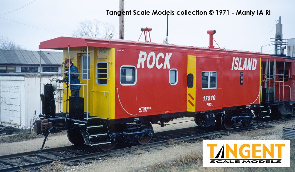 Tangent Scale Models HO 60411-01 ICC Rock Island Bay Window Caboose Rock Island 'Delivery 1971' w/ Red-Green Lights & Rockwell Trucks RI #17202