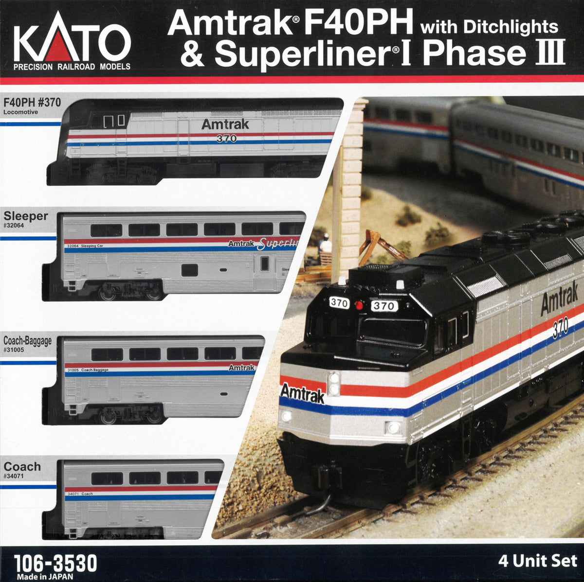 Kato N 106-3530-LS-DMW with DCC/ESU LokSound V5 Amtrak F40PH Locomotive & LIGHTED Superliner Phase III Scheme 4-Unit Set
