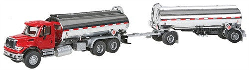 Walthers SceneMaster HO 949-11670 International 7600 Tank Truck with Trailer Assembled - Red Cab Chrome Tanks