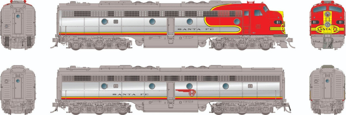 Rapido Trains Inc HO 28574 DCC/ESU LokSound V5 Equipped EMD E8A + E8B Locomotive Set Santa Fe 'Warbonnet' ATSF #81L + 81A
