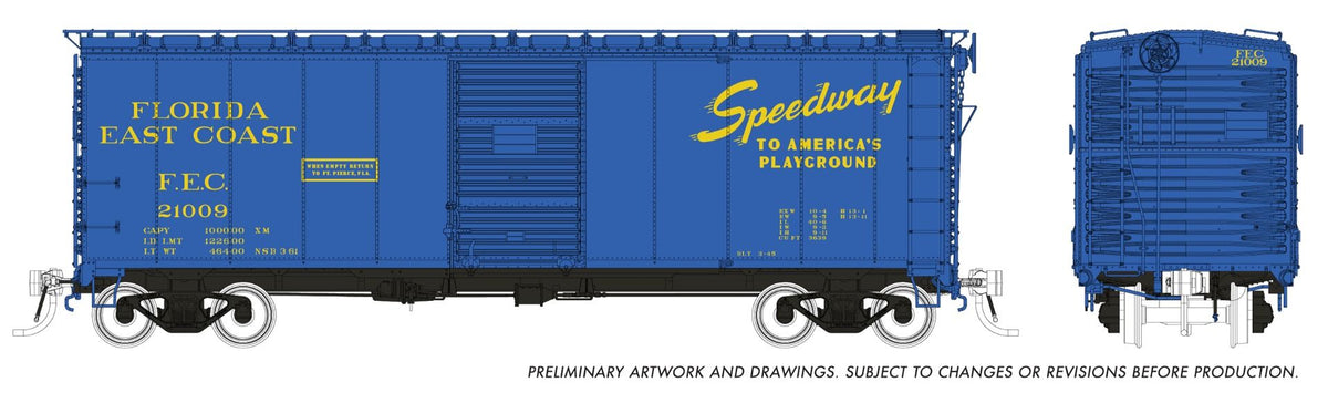 Rapido Trains Inc HO 181010A 1937 AAR 40' Boxcar "Round corner" Florida East Coast "Blue Speedway Scheme" FEC Single Car