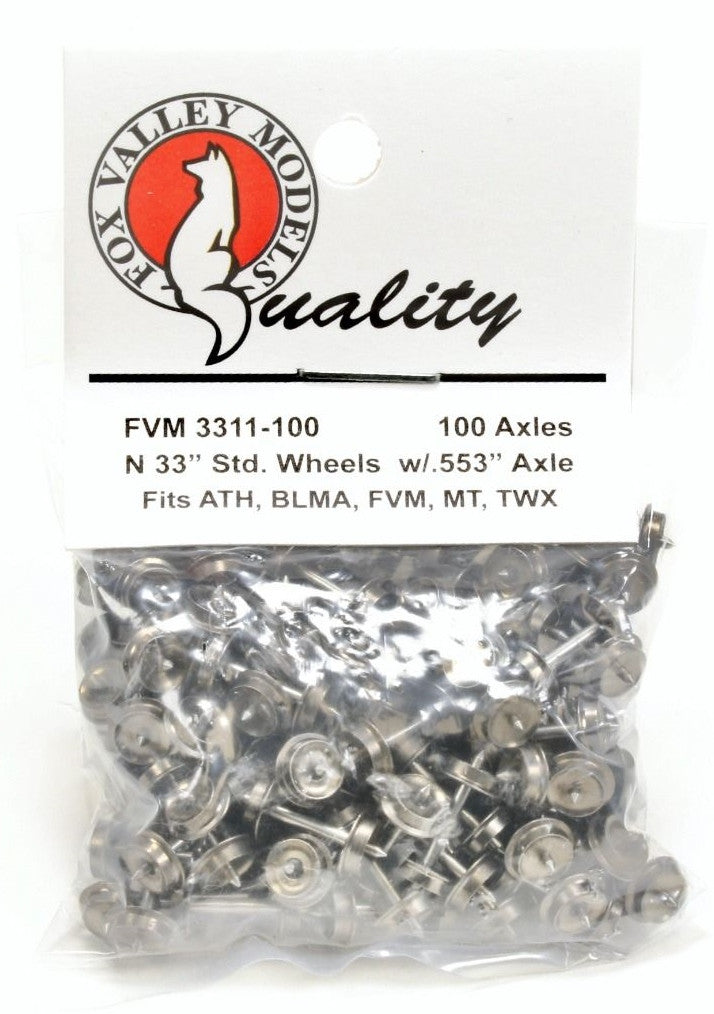 ScaleTrains Fox Valley Models N FVM3311100 Standard Wheelsets .553" Axle 33" Wheel 100-Pack