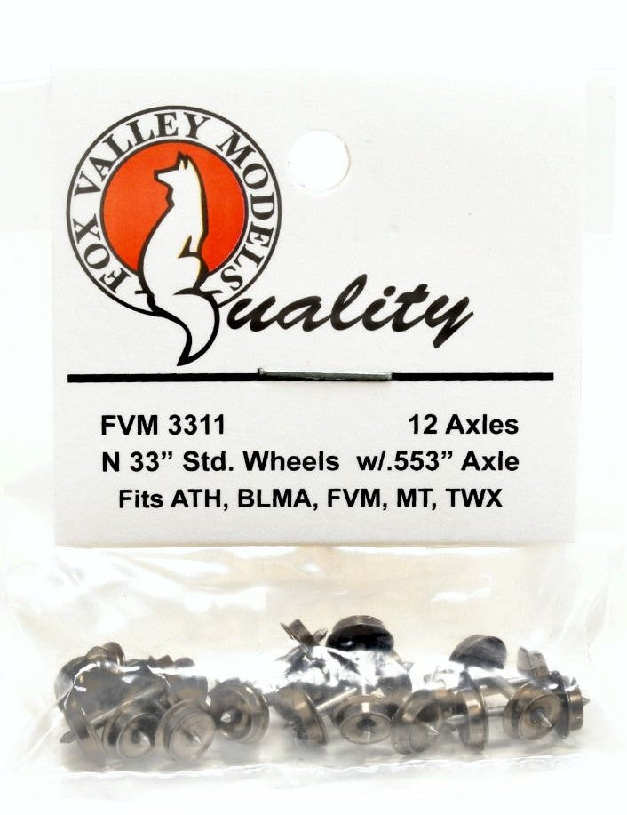 ScaleTrains Fox Valley Models N FVM3311 Standard Wheelsets .553" Axle 33" Wheel 12-Pack