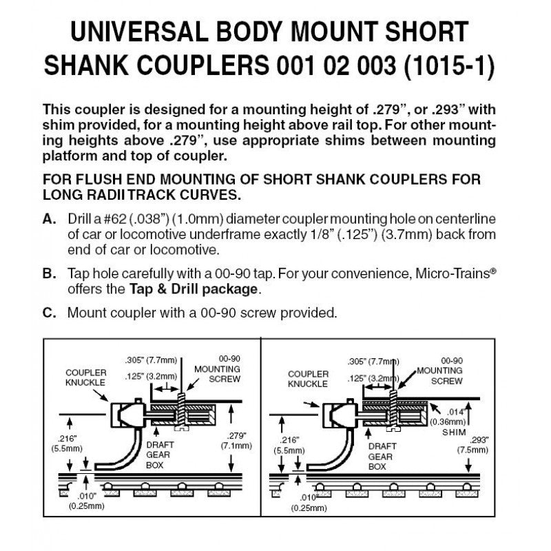Micro Trains Line N 00102003 (1015-1) Universal Body Mount Couplers Short Shank Assembled - 2 Pair
