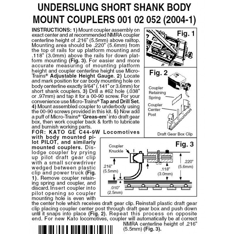 Micro Trains Line N 00102052 (2004-1) Underslung Short Shank Body Mount Couplers Assembled - 2 Pair