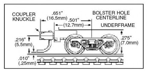 Micro Trains Line N 00302032 (1033) Roller Bearing Trucks with Medium Extension Couplers - 1 Pair