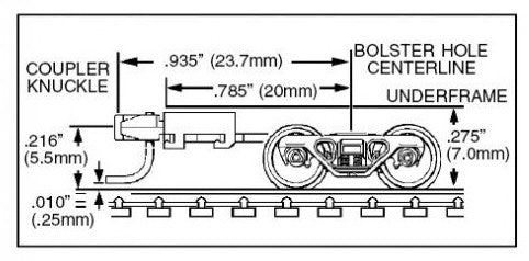 Micro Trains Line N 00302034 (1032) Roller Bearing Trucks with Long Extension Couplers - 1 Pair