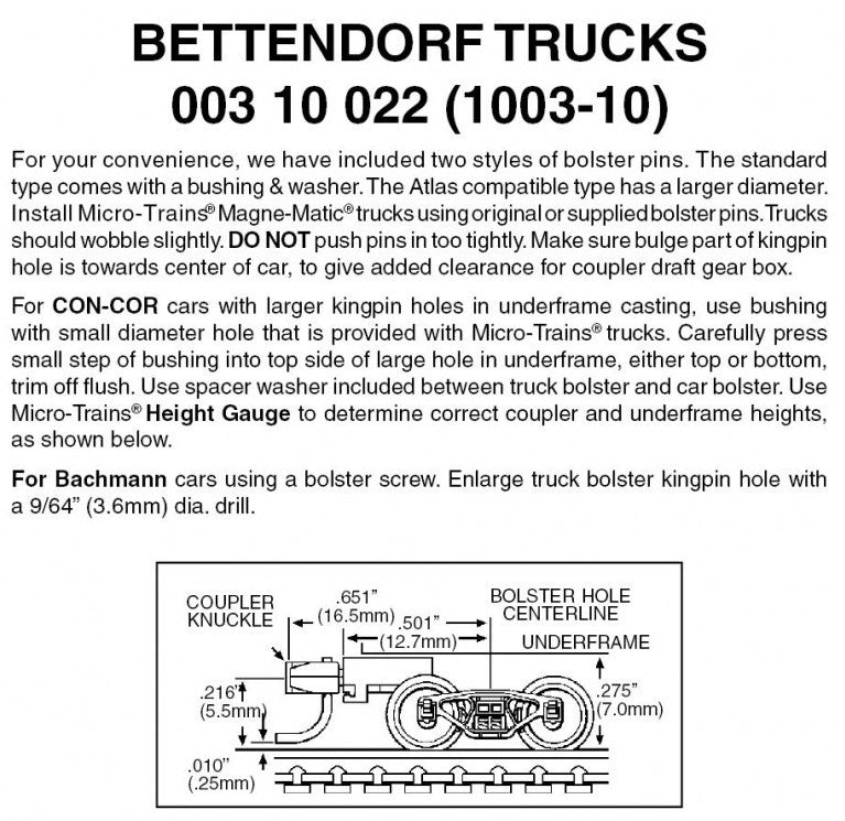 Micro Trains Line N 00310022 (1003-10) Bettendorf Trucks with Medium Extension Couplers - 10 Pair