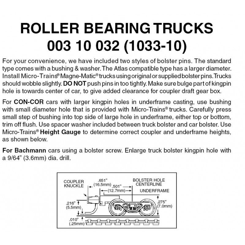 Micro Trains Line N 00310032 (1033-10) Roller Bearing Trucks with Medium Extension Couplers - 10 Pair