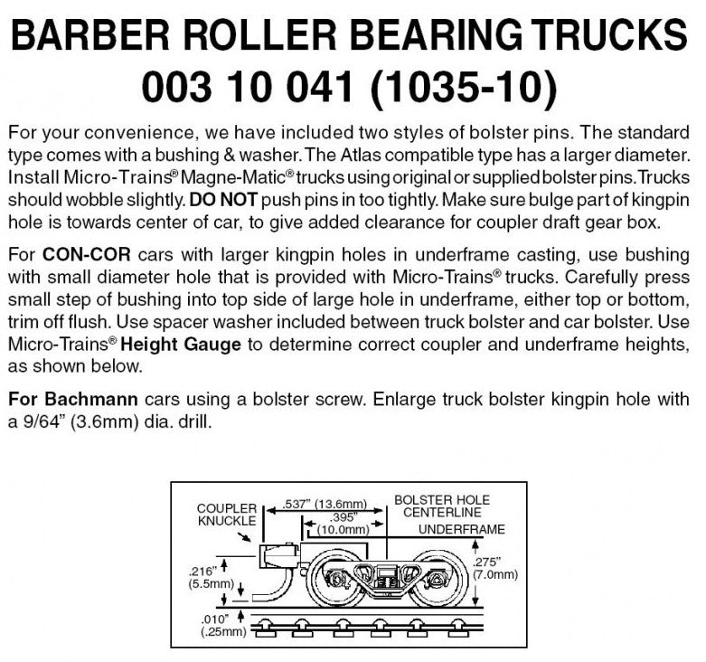 Micro Trains Line N 00310041 (1035-10) Barber Roller Bearing Trucks with Short Extension Couplers - 10 Pair
