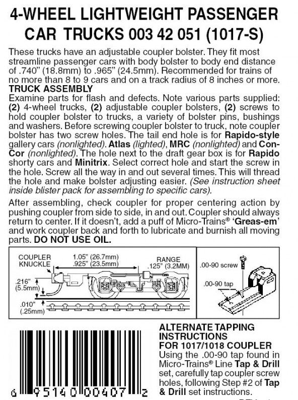 Micro Trains Line N 00342051 (1017-S) 4-Wheel Lightweight Silver Passenger Car Trucks with Adjustable Couplers - 1 Pair