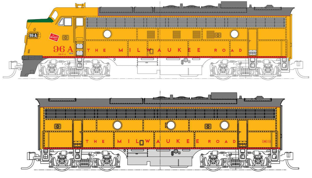 Kato N 106-0432-LS-DMW with DCC/ESU LokSound V5 EMD FP7A-F7B Set Milwaukee Road 'Post 1955 Armour Yellow' MILW #96A / 96B