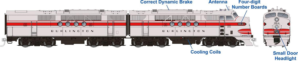 Rapido Trains Inc HO 53013 DCC Ready EMD FT A+B Locomotive Set Burlington CB&Q #108-A + 108-B