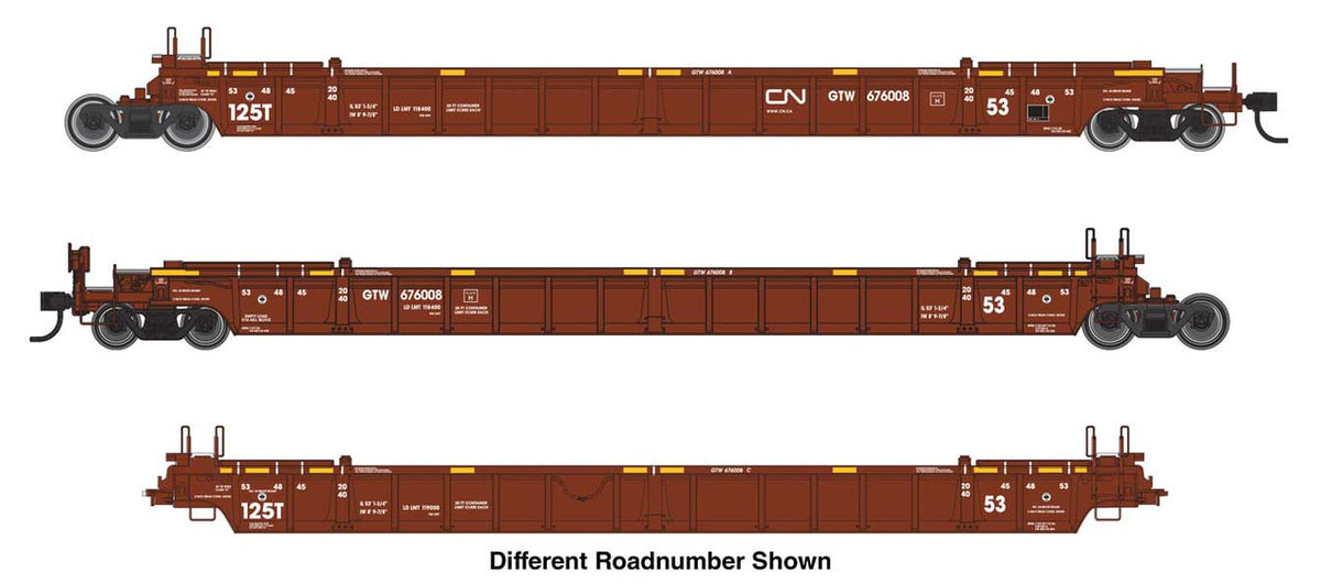 Walthers Mainline HO 910-55822 NSC Articulated 3-Unit 53' Well Car Canadian National GTW #676104