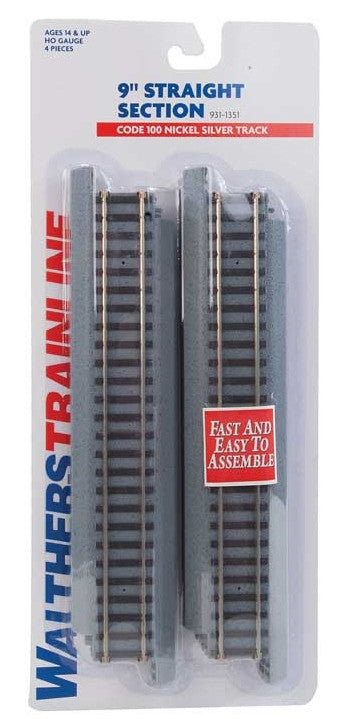 WalthersTrainline HO 931-1351 Power-Loc Code 100 Nickel Silver Track 9" Straight Section 4-Pack