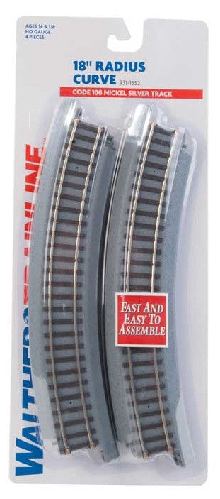 WalthersTrainline HO 931-1352 Power-Loc Code 100 Nickel Silver Track 18" Radius Curve 4-Pack