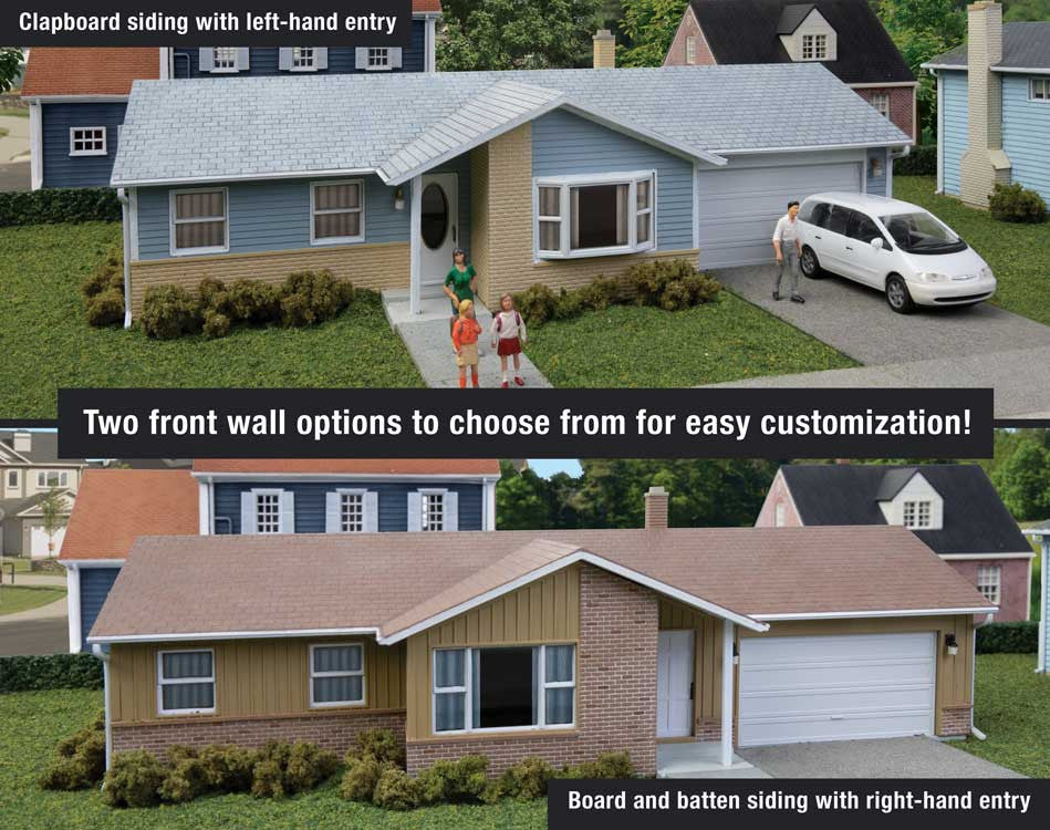 Walthers Cornerstone HO 933-4155 Ranch House with Attached 2-Car Garage - Kit