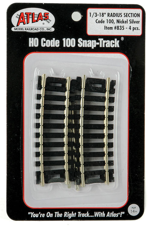 Atlas HO 835 Code 100 Snap Track Nickel-Silver Rail Black Ties 1/3 Section 18" Radius Curve - 4-Pack