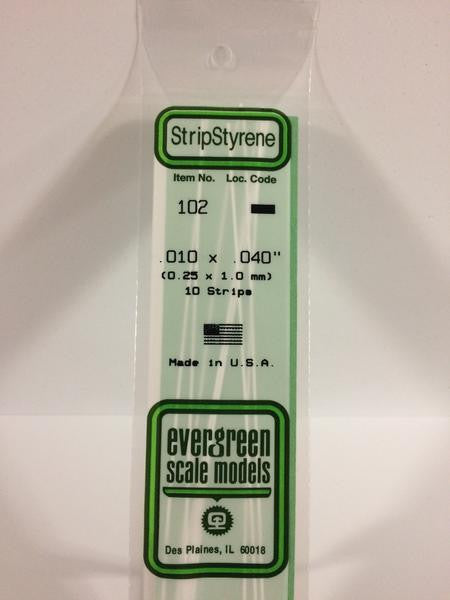 Evergreen Scale Models 102 - .010" X .040" Strip Styrene - 10 Pieces