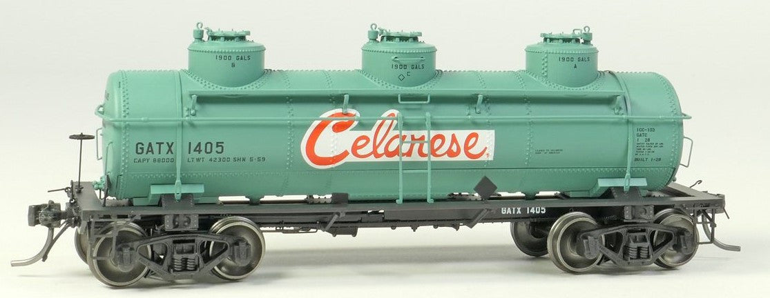 Tangent Scale Models HO 11510-05 General American 1928-Design 6000 Gallon 3-Compartment Tank Car GATX 'Celanese'  Green 1959+ GATX #1405
