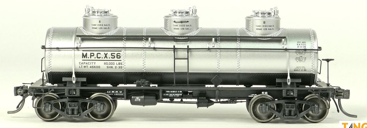 Tangent Scale Models HO 11517-04 General American 1928-Design 6000 Gallon 3-Compartment Tank Car Magnolia Petroleum Company 'Original Delivery Silver and Black 1935+' MPCX #56