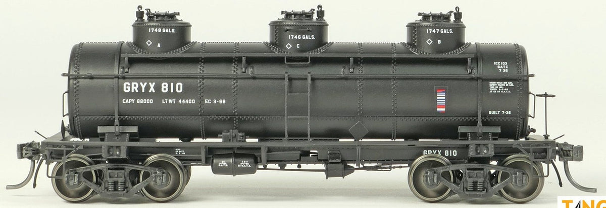 Tangent Scale Models HO 11525-01 General American 1928-Design 6000 Gallon 3-Compartment Tank Car GRYX 'John H Grace Black Lease 1968+' GRYX #810