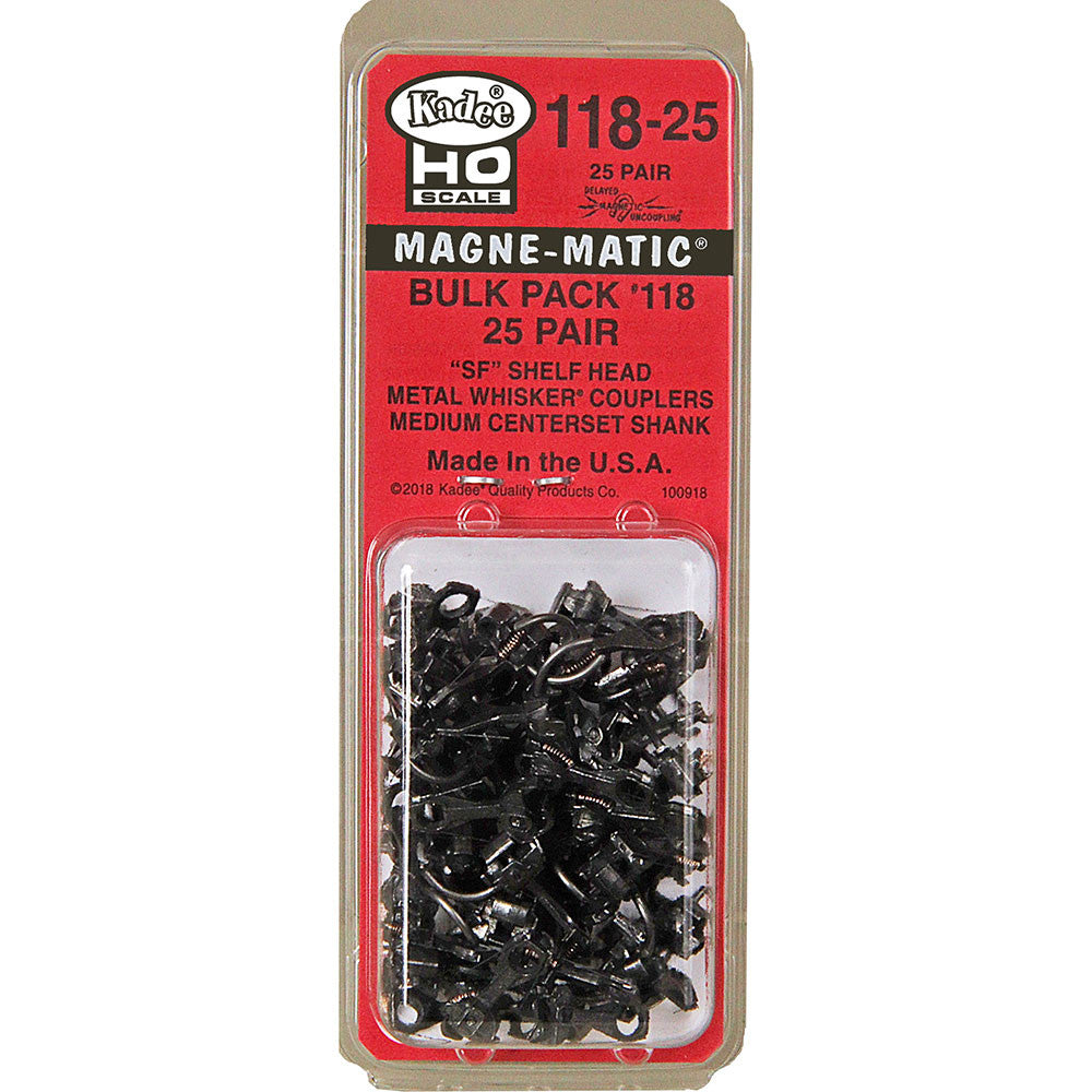 Kadee HO #118-25 Bulk Pack #118 'SF' Shelf Whisker Metal Coupler without Draft Gear Boxes Medium 9/32" Centerset Shank  - 25 Pair