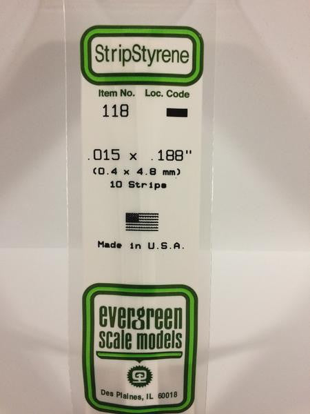 Evergreen Scale Models 118 - .015" X .188" Strip Styrene - 10 Pieces