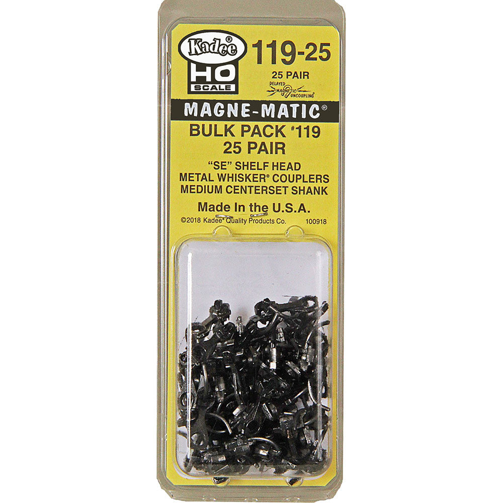 Kadee HO #119-25 Bulk Pack #119 SE Shelf Whisker Metal Couplers without Draft Gear boxes Medium 9/32" Centerset Shank - 25 Pair
