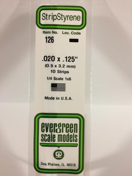 Evergreen Scale Models 126 - .020" X .125" Strip Styrene - 10 Pieces