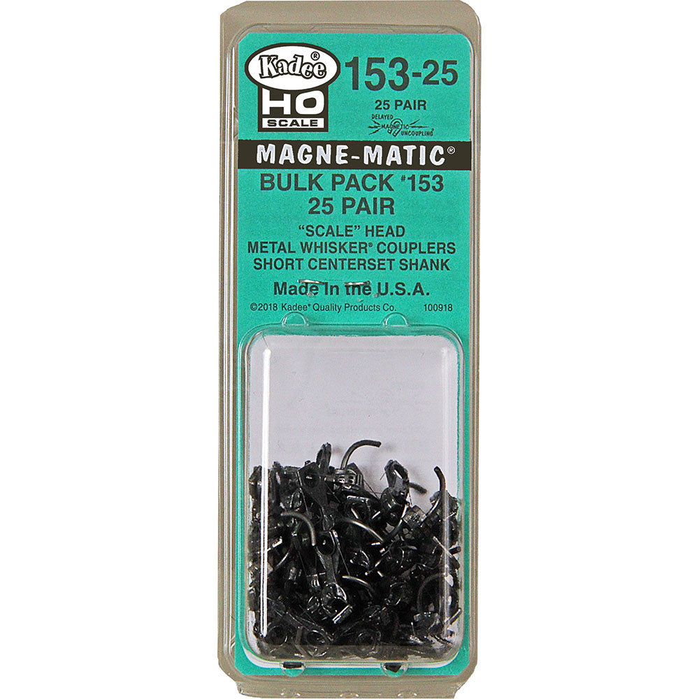 Kadee HO #153-25 Bulk Pack #153 'Scale' Whisker Metal Couplers without Draft Gear boxes Short 1/4" Centerset Shank - 25 Pair