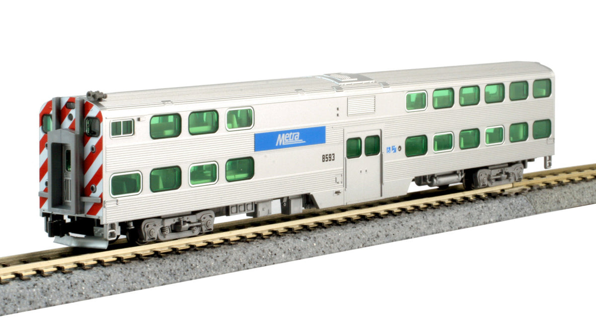 Kato N 106-8701-LS-DMW Chicago METRA MP36PH with DCC/ESU LokSound V5 and Lighted METRA Bi-Level Commuter Train 4 Piece Set