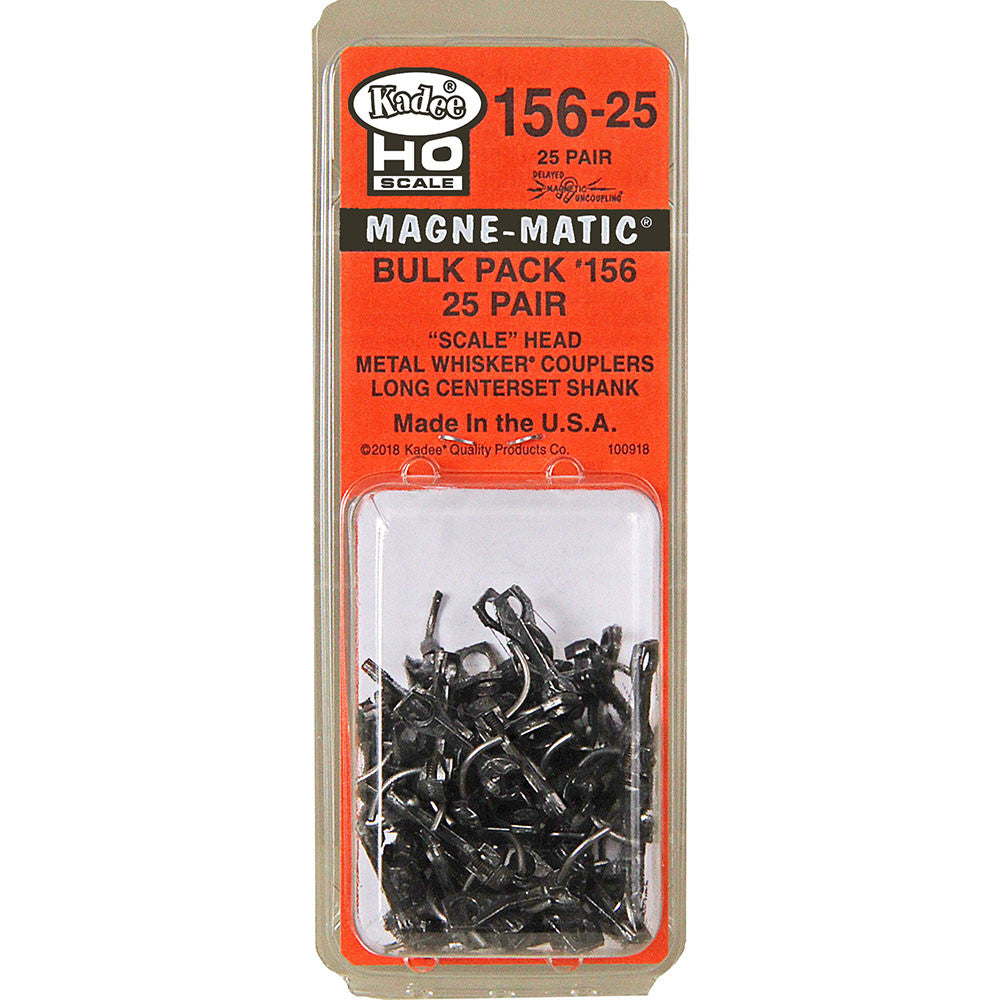 Kadee HO #156-25 Bulk Pack #156 'Scale' Whisker Metal Couplers without Draft Gear boxes Long 25/64" Centerset Shank - 25 Pair