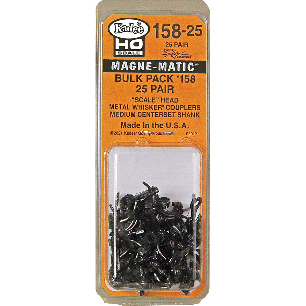 Kadee HO #158-25 Bulk Pack #158 'Scale' Whisker Metal Couplers without Draft Gear boxes Medium 9/32" Centerset Shank - 25 Pair