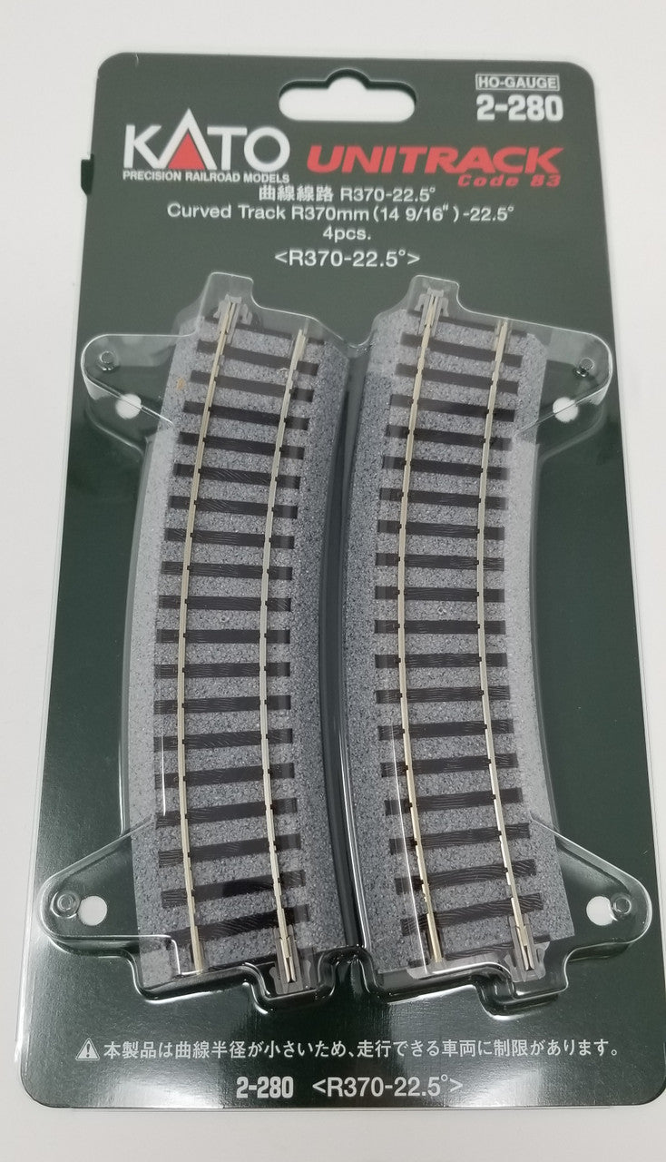 Kato HO Unitrack 2-280 Curved Track 370mm 14 9/16" Radius - 22.5 degrees 4 pieces