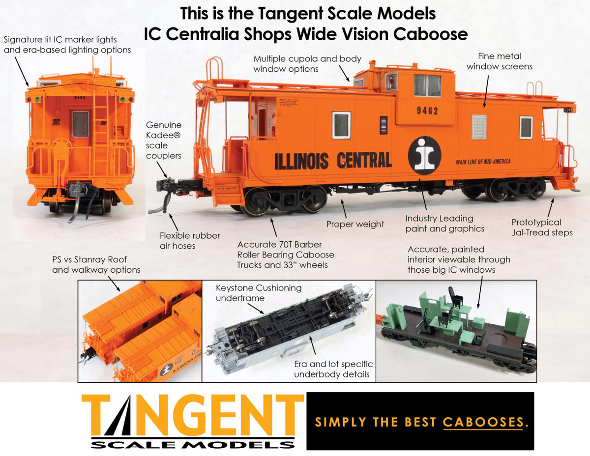 Tangent Scale Models HO 60211-02 IC Centralia Shops Steel Wide-Vision Caboose Illinois Central Gulf 'Orange I-Ball Repaint 1974+' ICG #199407