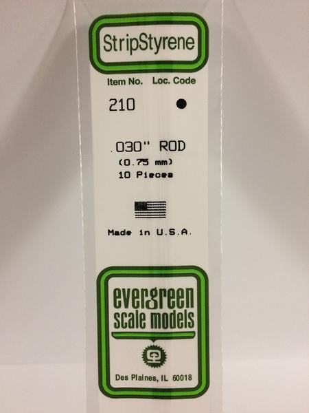 Evergreen Scale Models 210 - .030" Diameter Styrene Rod - 10 pieces
