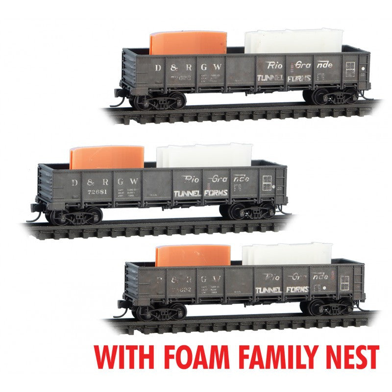 Micro Trains Line N 993 02 244 40' Drop-Bottom Gondola w/Tunnel Forms Load Denver & Rio Grande Western D&RGW 3-Pack - Foam Nest