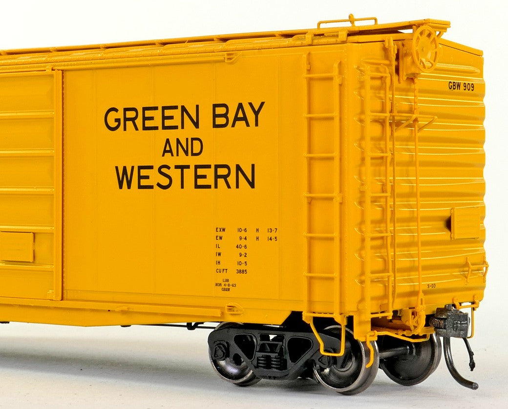 Tangent Scale Models HO 26020-02 Pullman-Standard 40′ PS-1 9′ Door Boxcar Green Bay and Western "Yellow Repaint 1963+" GBW #937