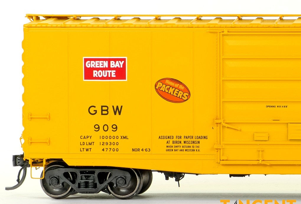 Tangent Scale Models HO 26020-02 Pullman-Standard 40′ PS-1 9′ Door Boxcar Green Bay and Western "Yellow Repaint 1963+" GBW #937